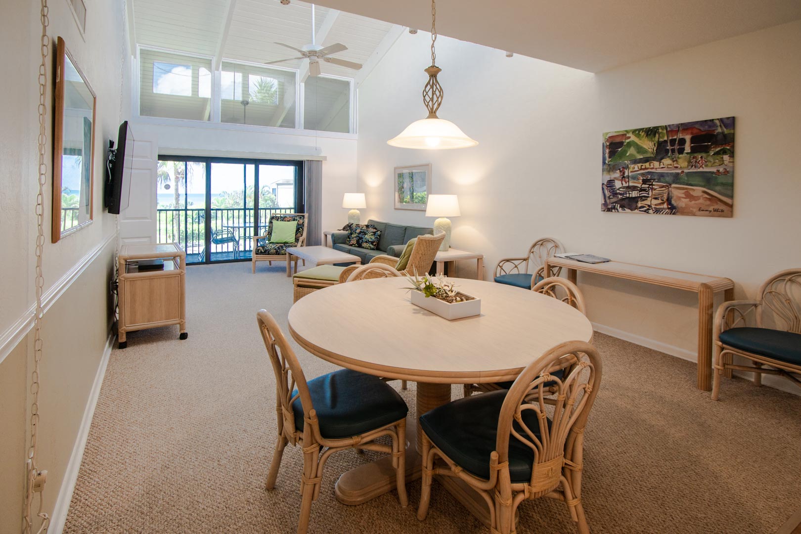 An expansive living and dining room area at VRI's Sanibel Beach Club in Sanibel Island, Florida.